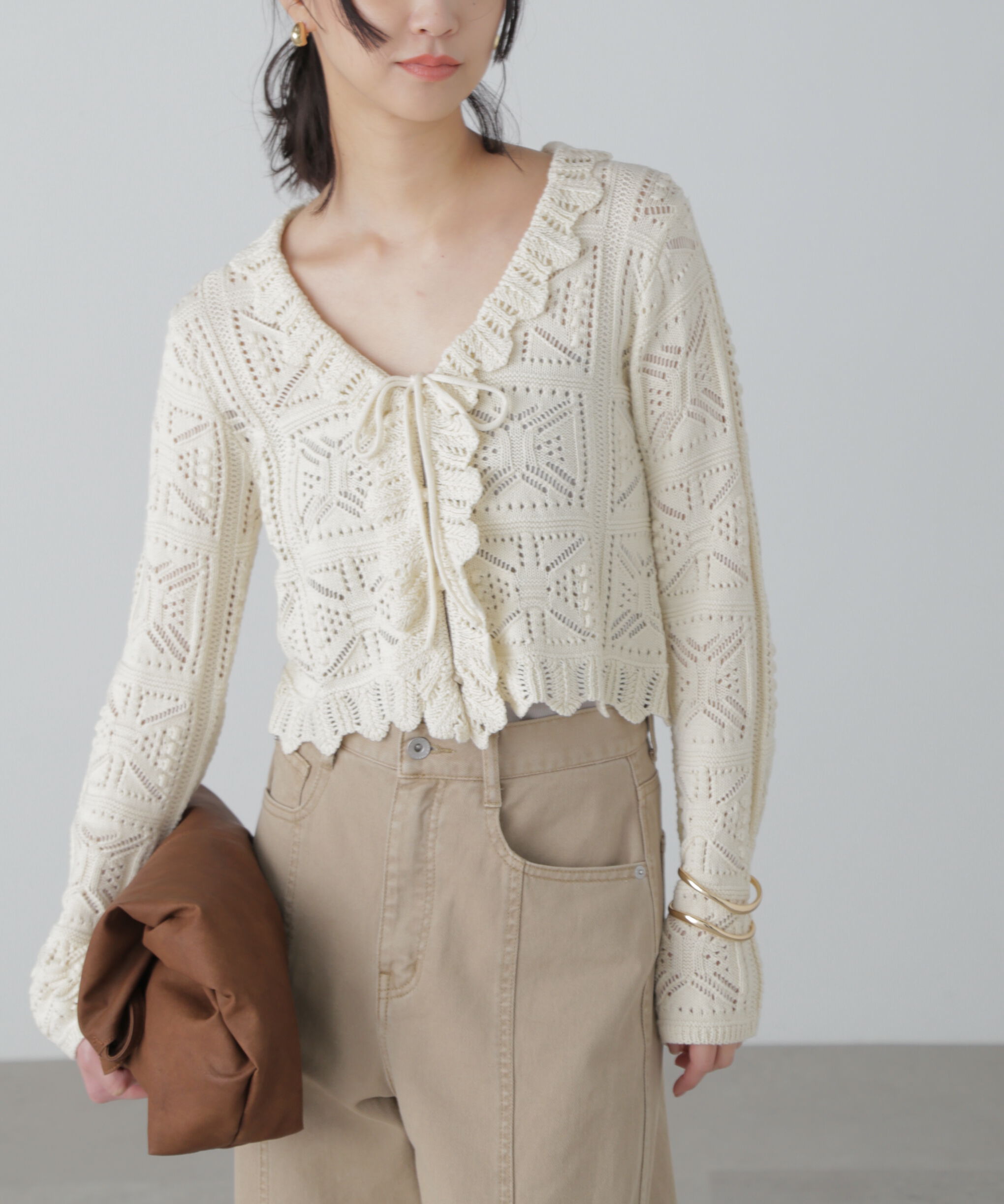  「透かし編みクロップドニットカーディガン」|ニット・セーター|オフホワイト