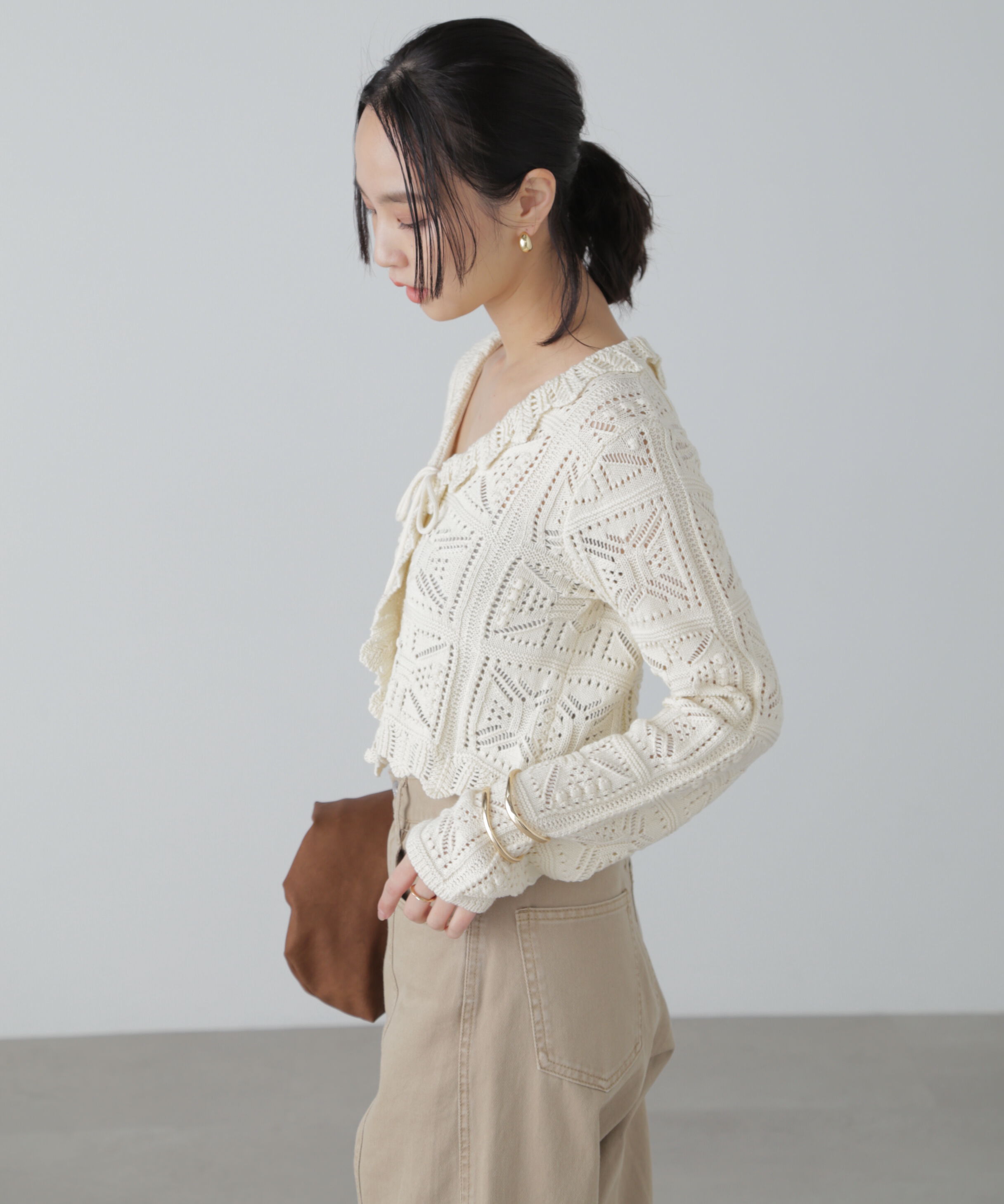  「透かし編みクロップドニットカーディガン」|ニット・セーター|