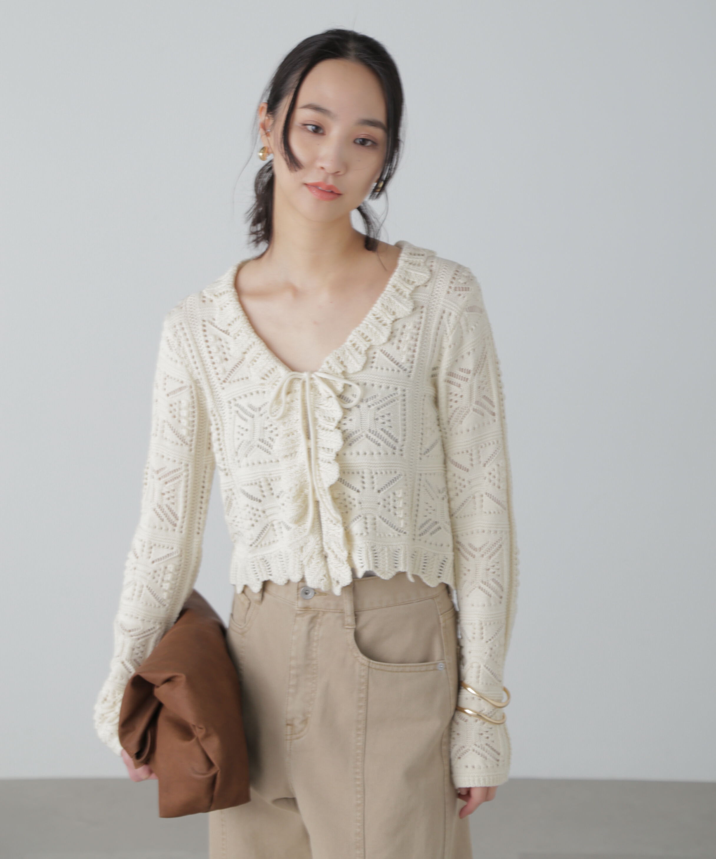  「透かし編みクロップドニットカーディガン」|ニット・セーター|