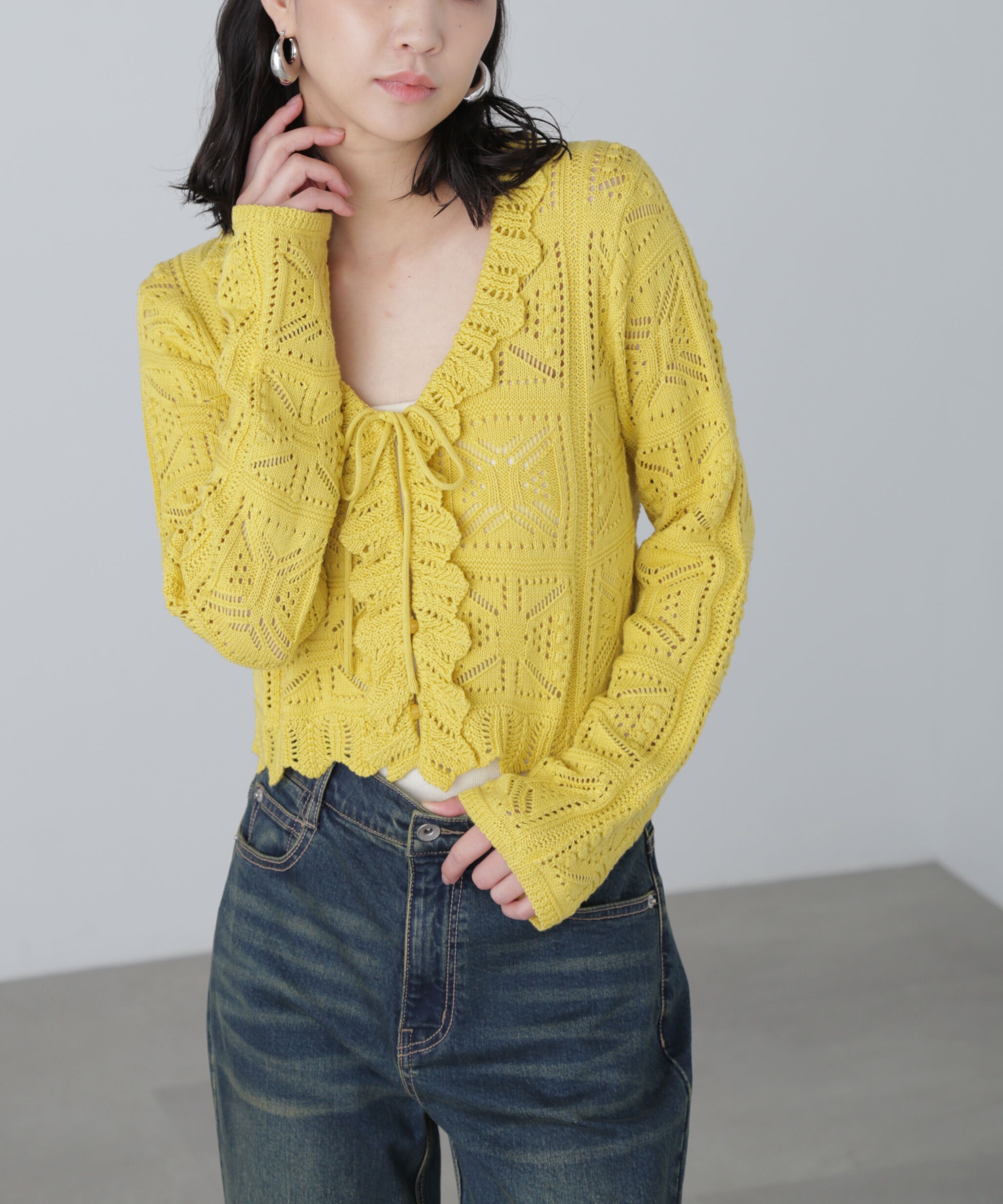  「透かし編みクロップドニットカーディガン」|ニット・セーター|イエロー