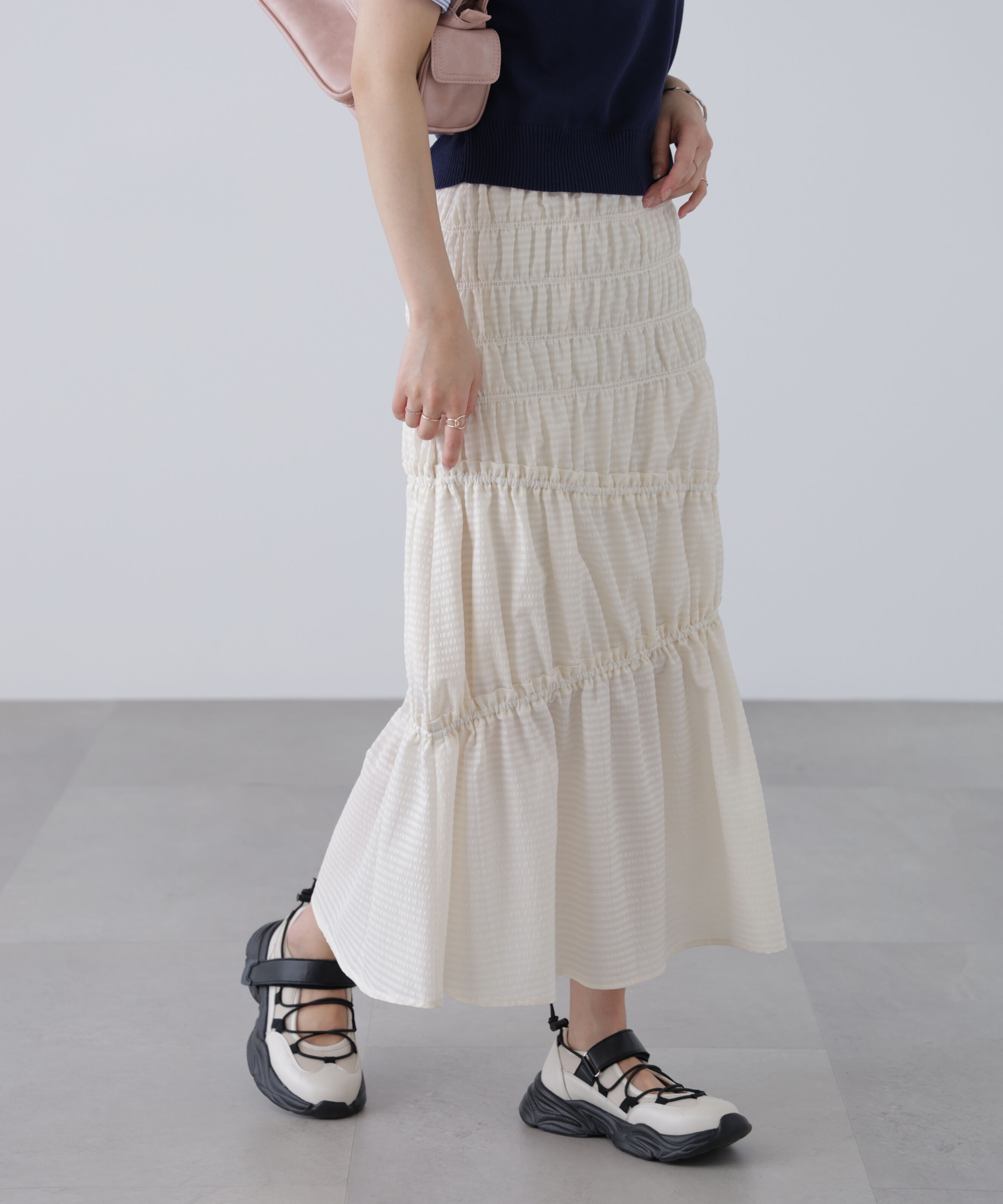  「シアーボーダーシャーリングスカート」|スカート|ホワイト