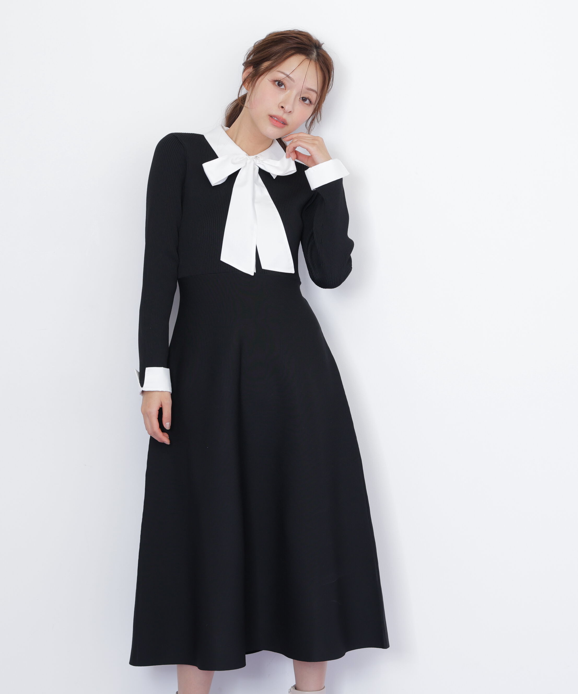  「シャツ襟ドッキングニットワンピース」|ワンピース|