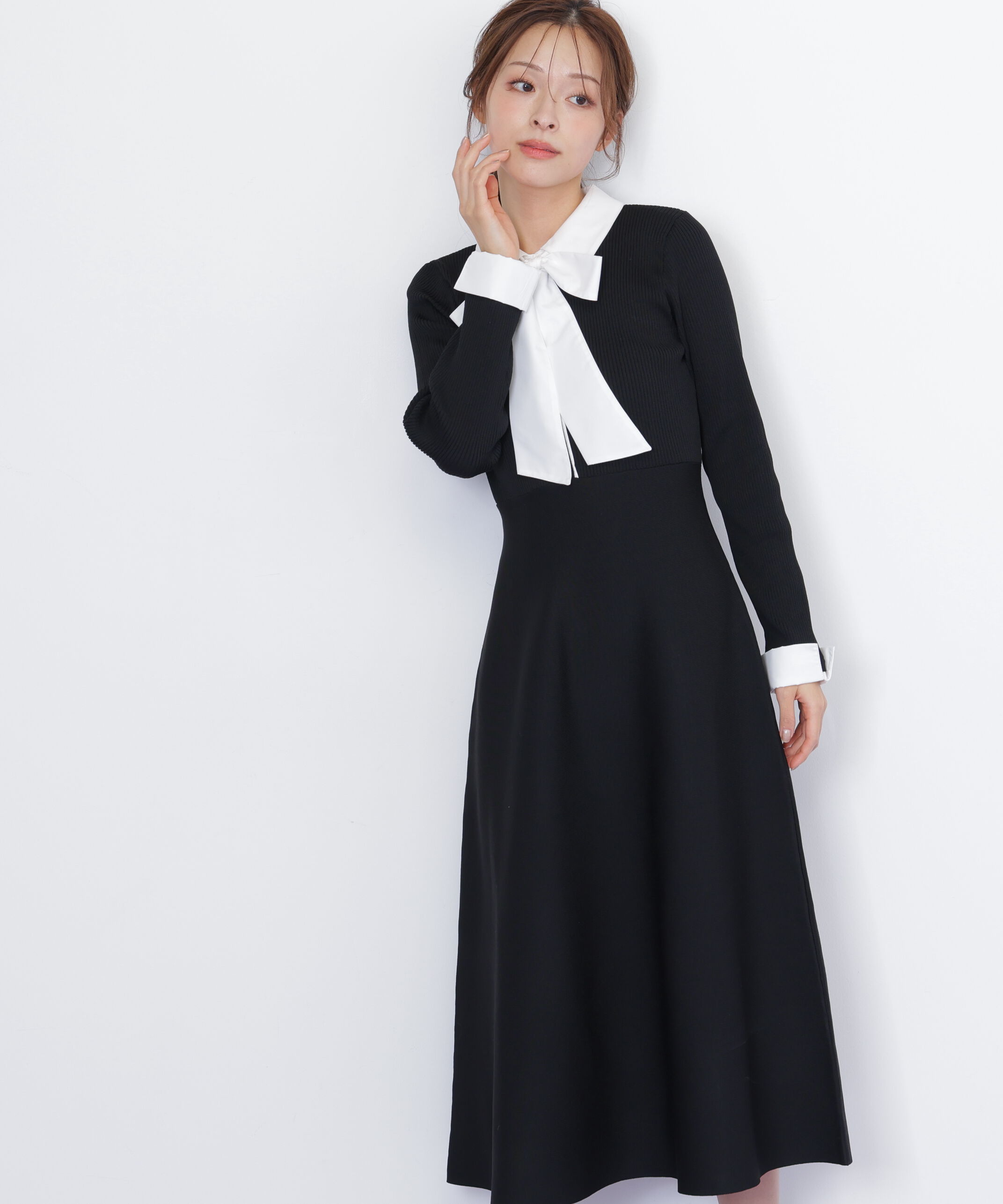  「シャツ襟ドッキングニットワンピース」|ワンピース|