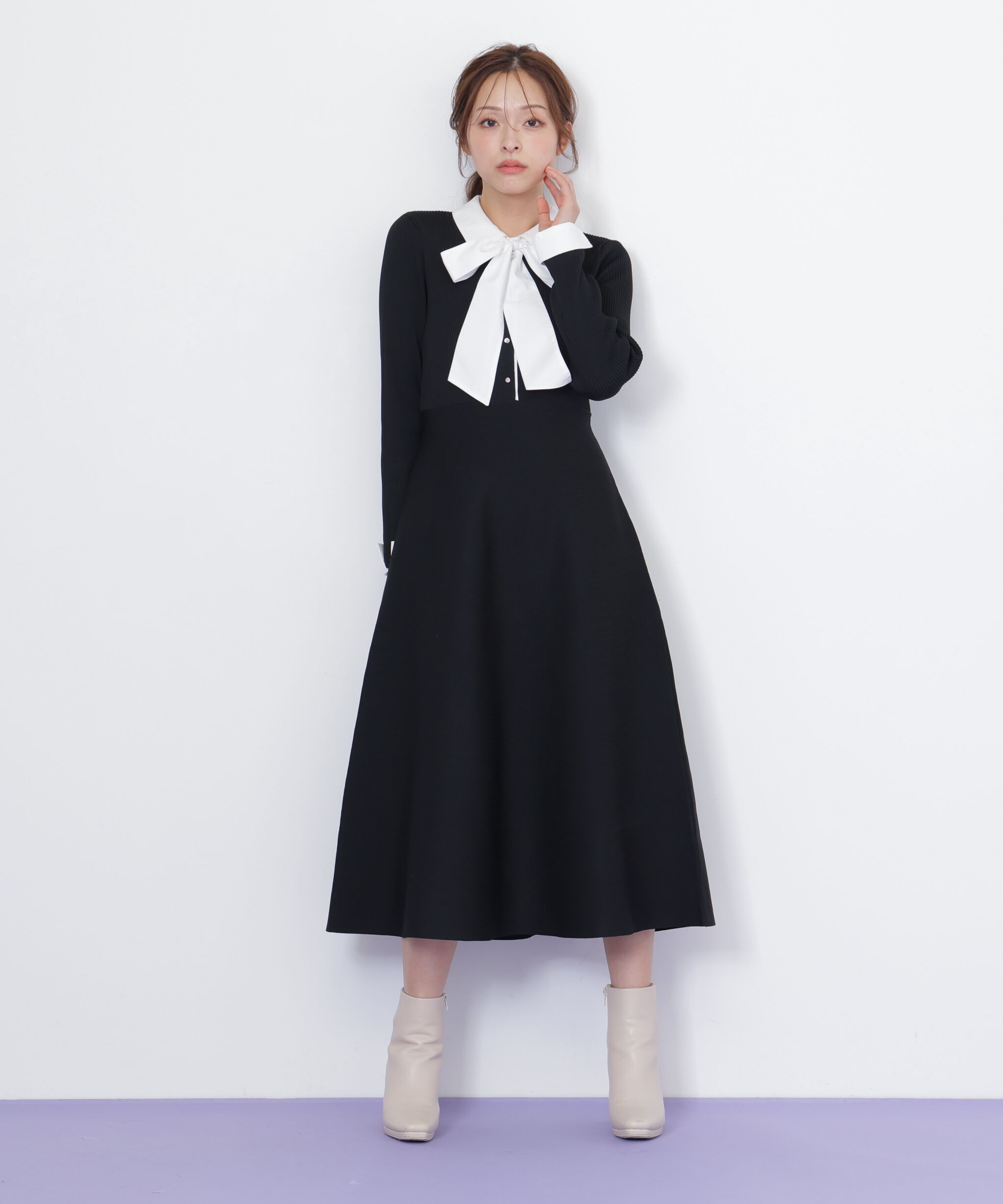  「シャツ襟ドッキングニットワンピース」|ワンピース|