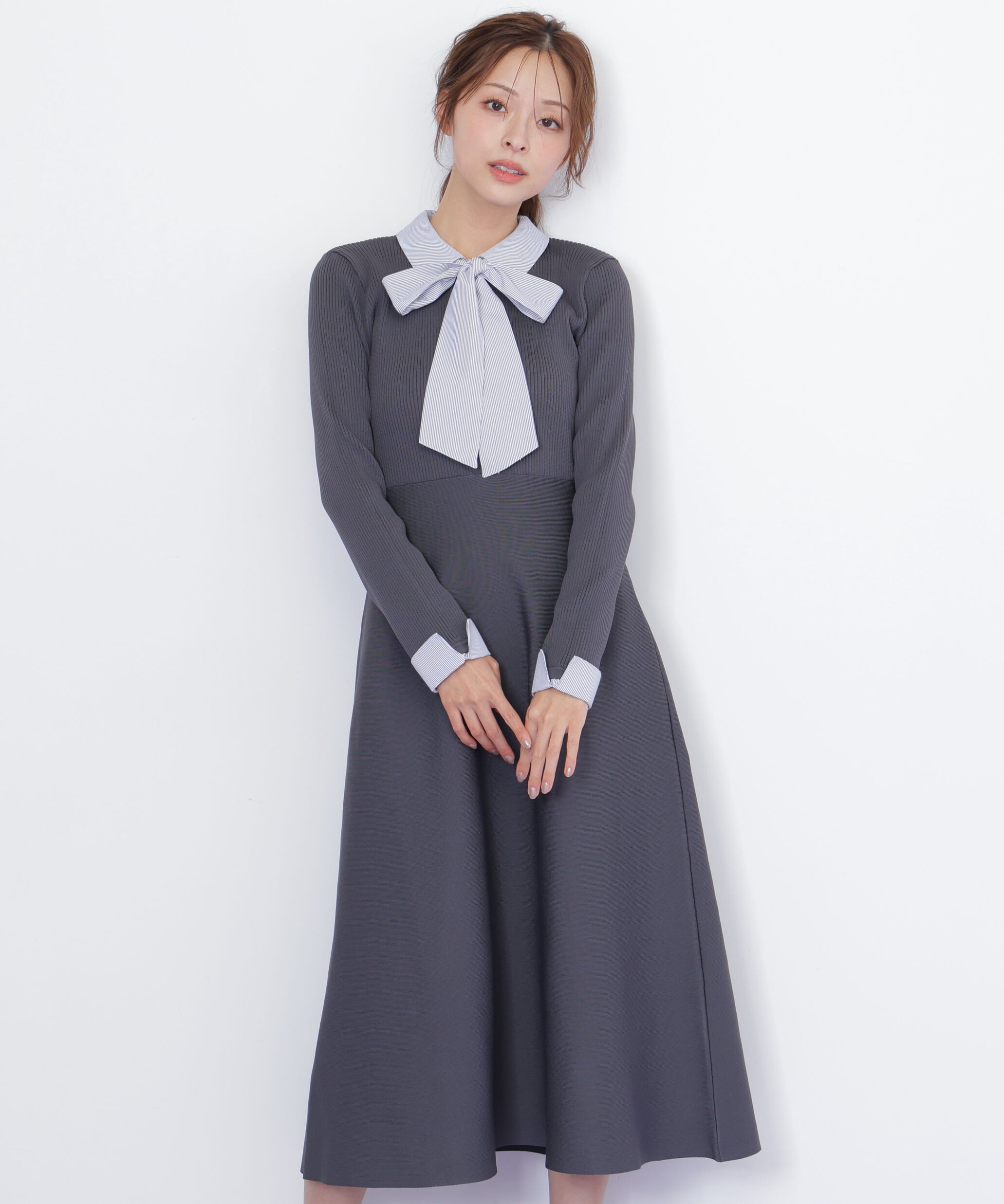  「シャツ襟ドッキングニットワンピース」|ワンピース|グレー1