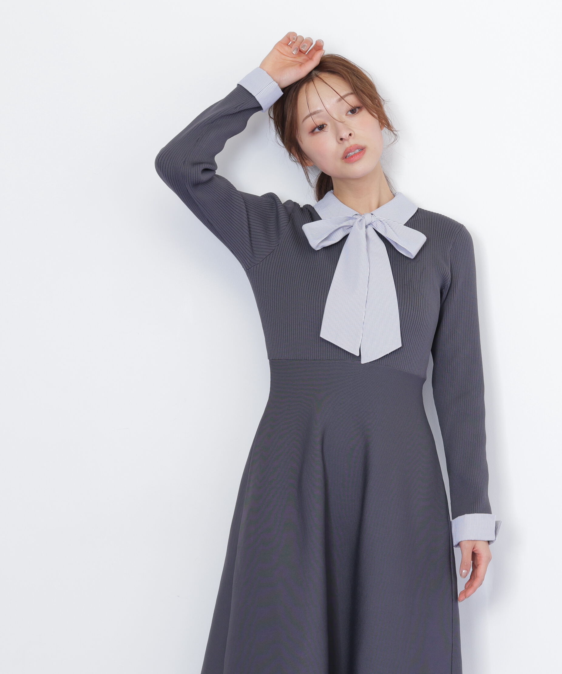 「シャツ襟ドッキングニットワンピース」|ワンピース|