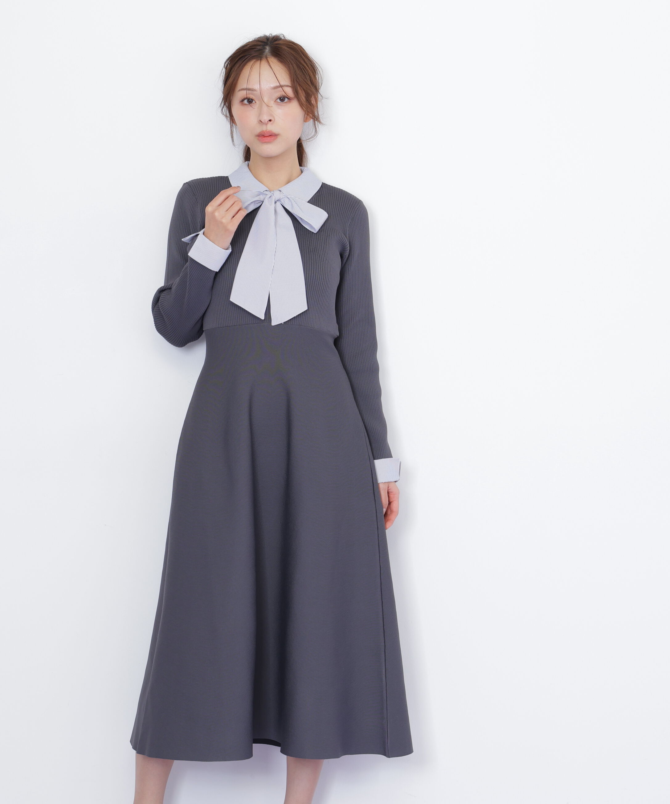  「シャツ襟ドッキングニットワンピース」|ワンピース|