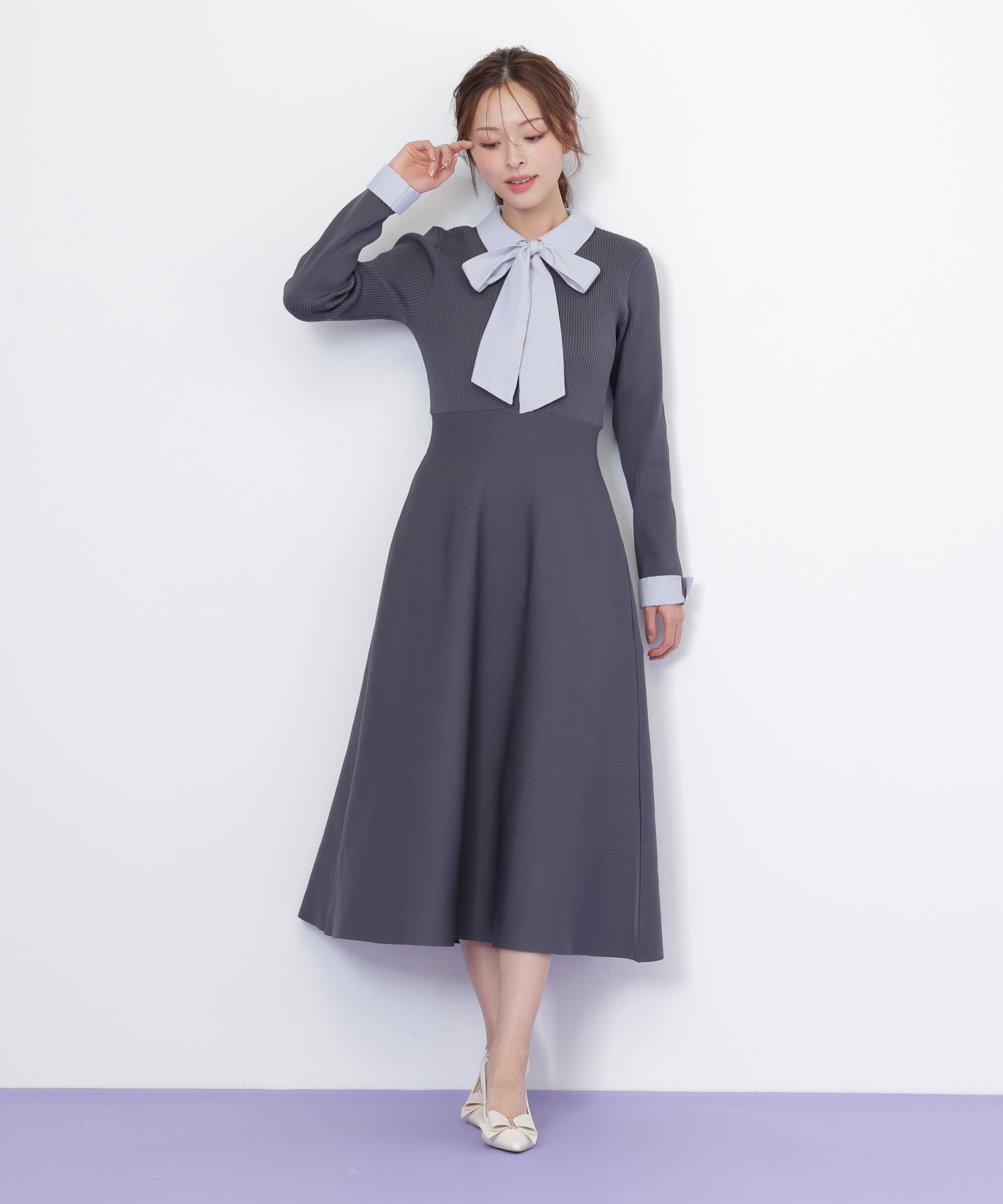  「シャツ襟ドッキングニットワンピース」|ワンピース|