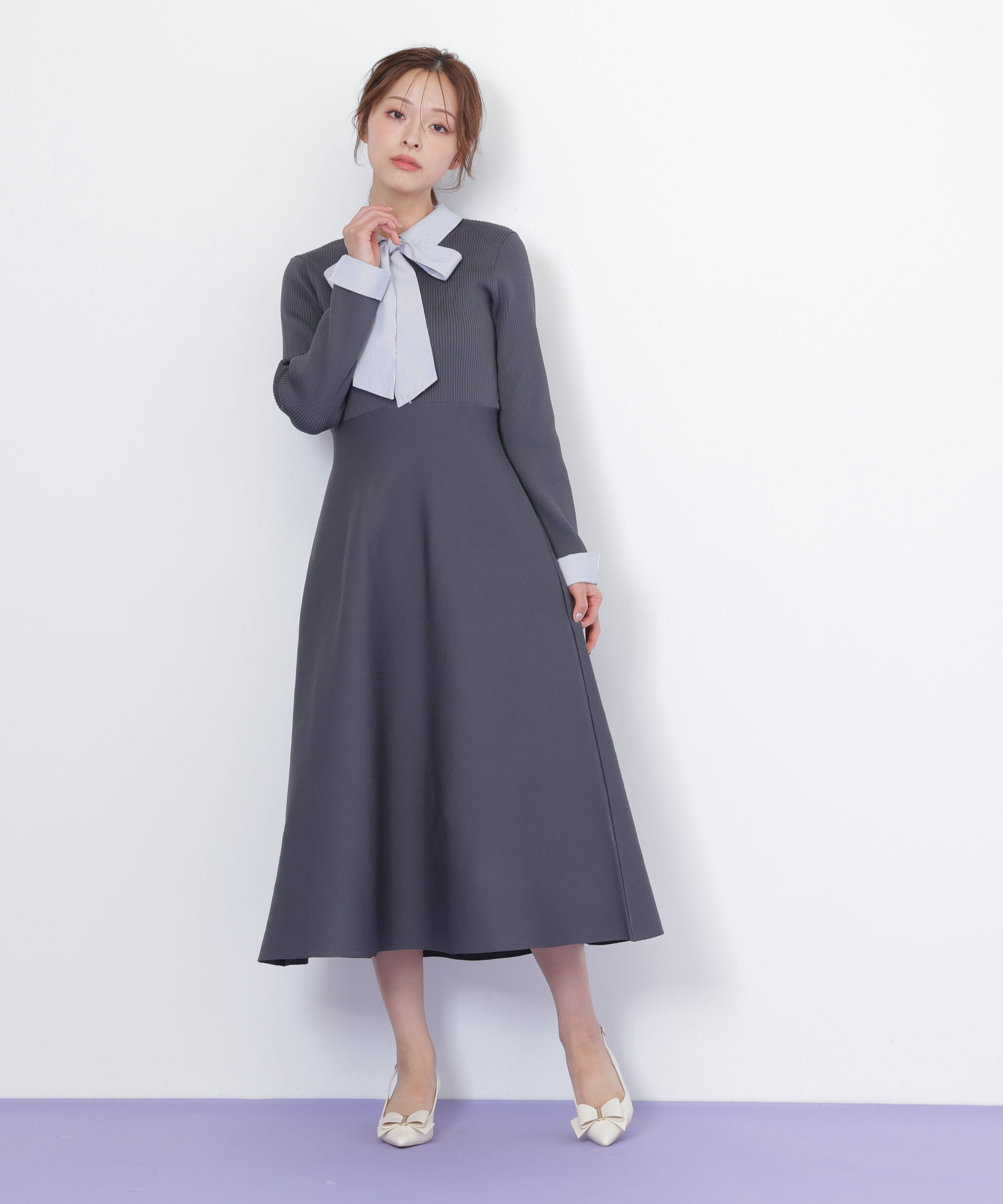  「シャツ襟ドッキングニットワンピース」|ワンピース|