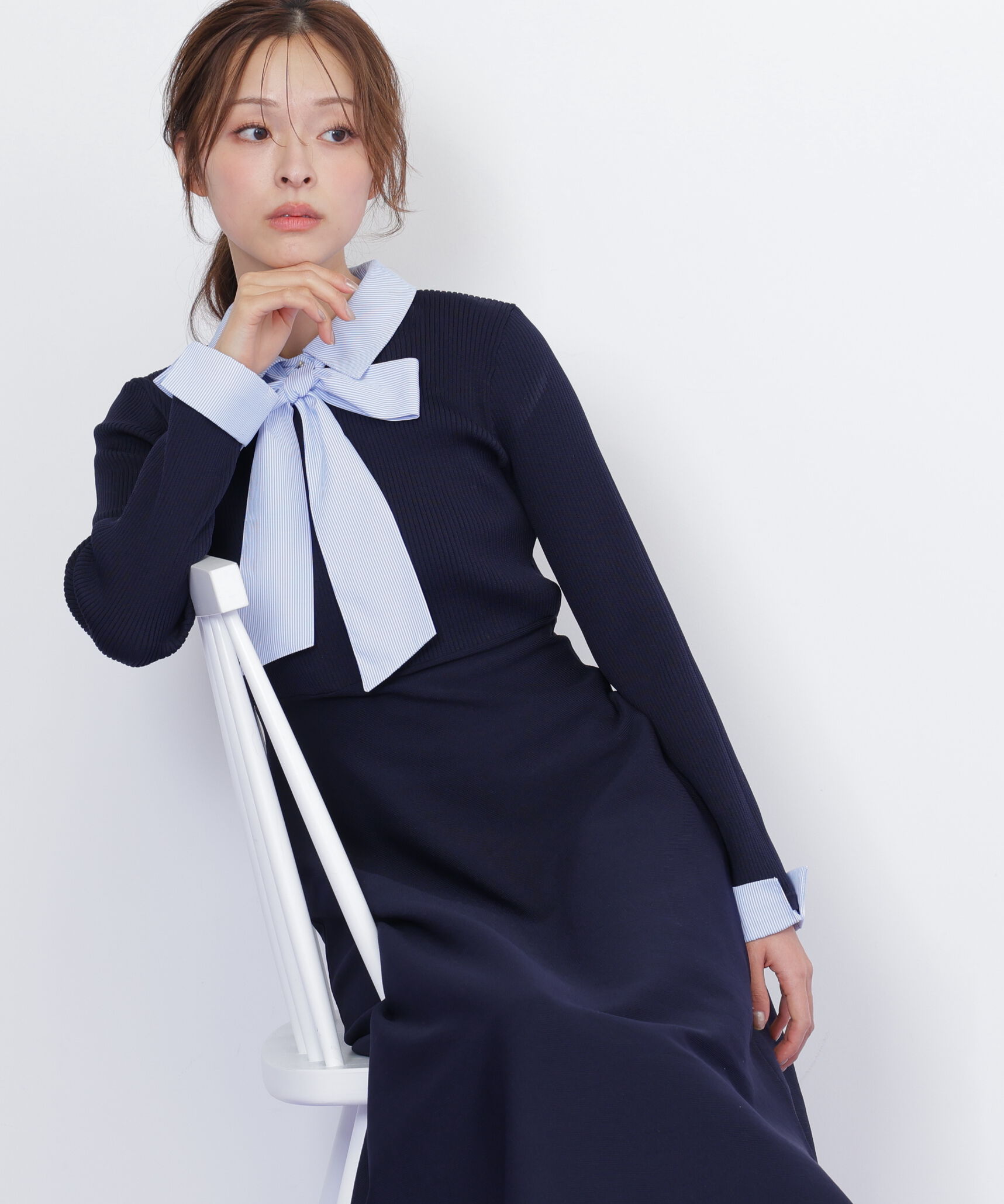  「シャツ襟ドッキングニットワンピース」|ワンピース|