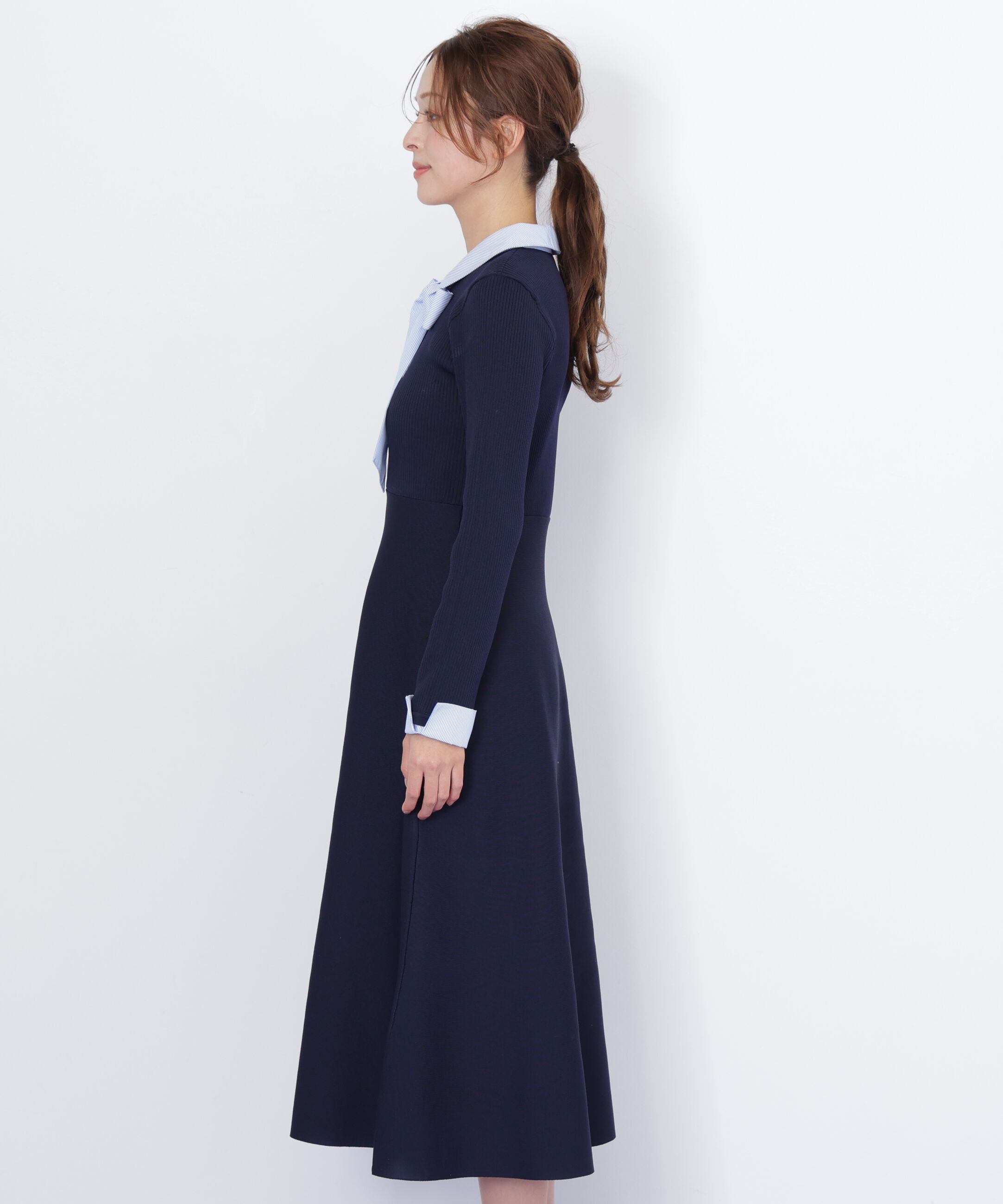  「シャツ襟ドッキングニットワンピース」|ワンピース|
