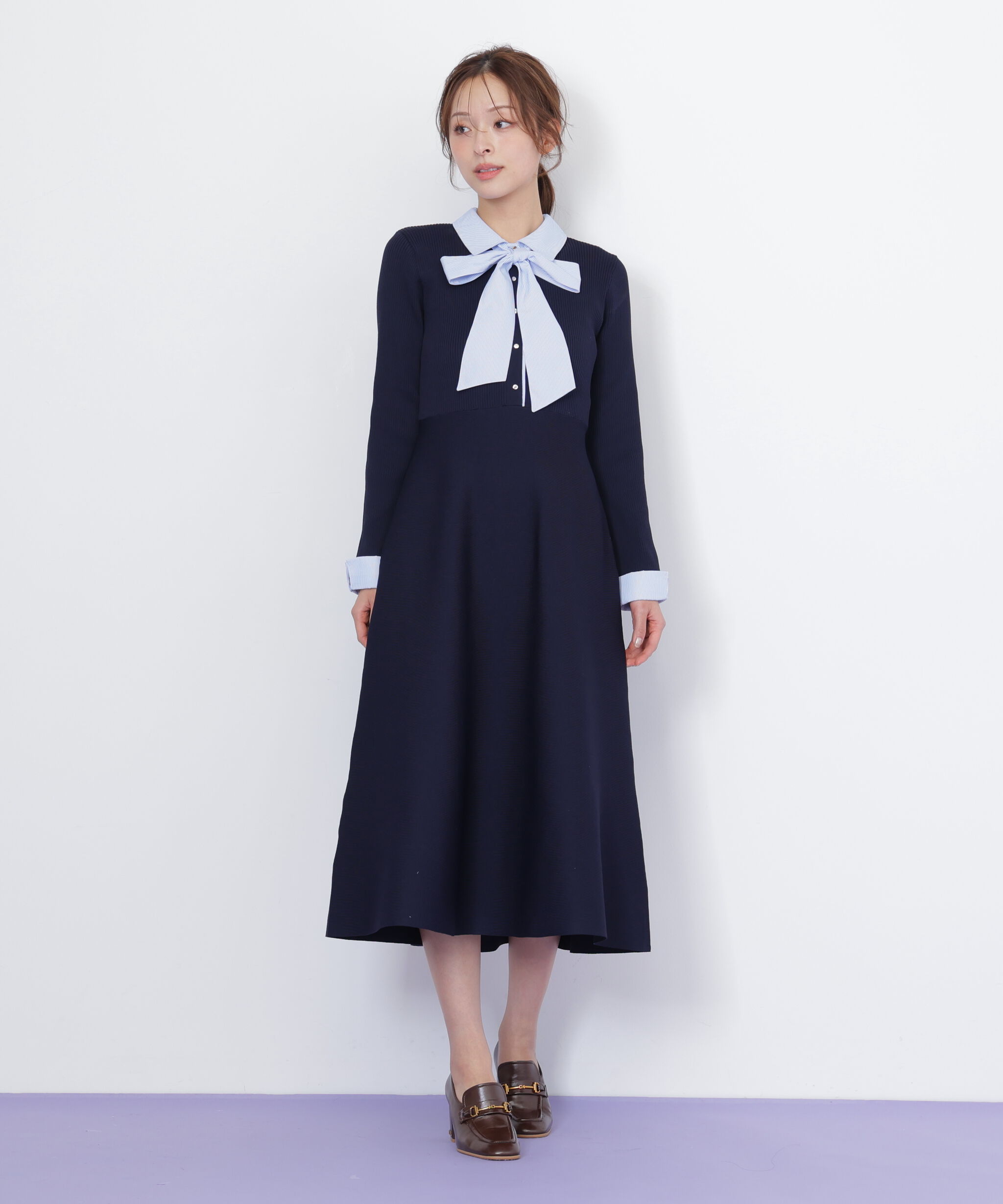  「シャツ襟ドッキングニットワンピース」|ワンピース|