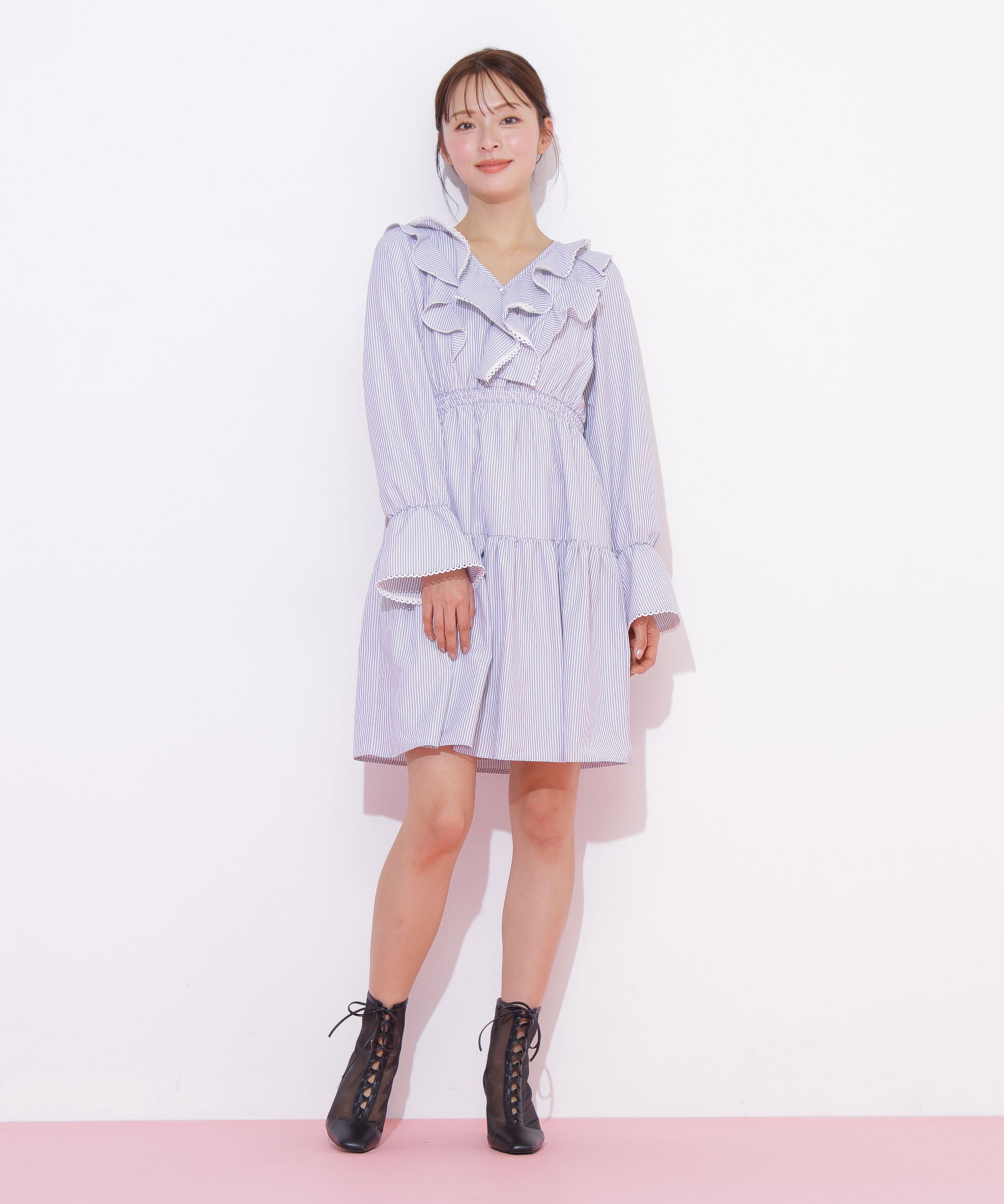  「ストライプレースミニワンピース」|ワンピース|