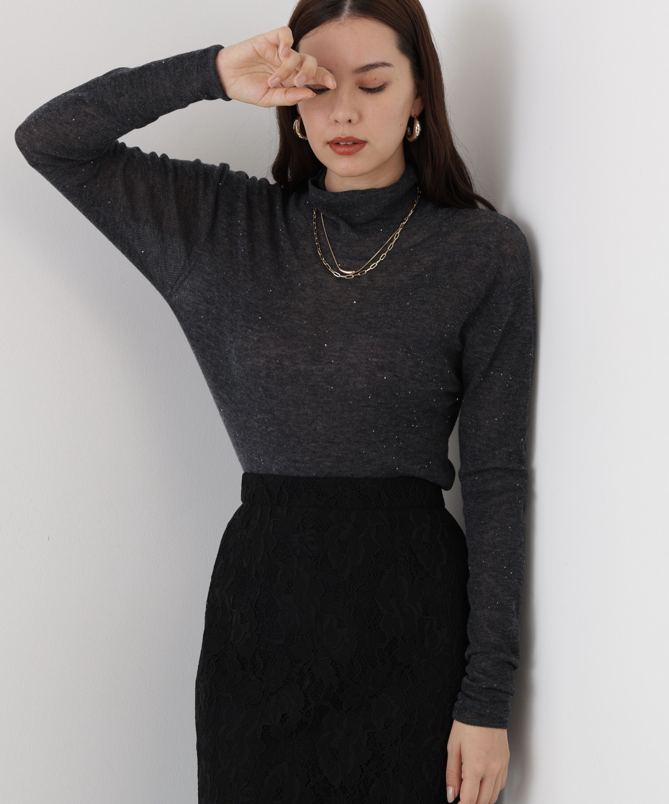  「◆スパンコールシアーモックネックプルオーバー」|ニット・セーター|