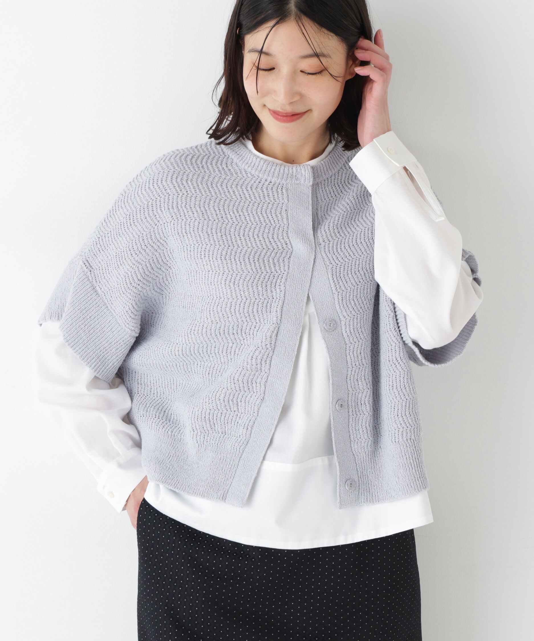  「◆綿ポリエステルヘリンボーン柄半袖はおり」|ニット・セーター|