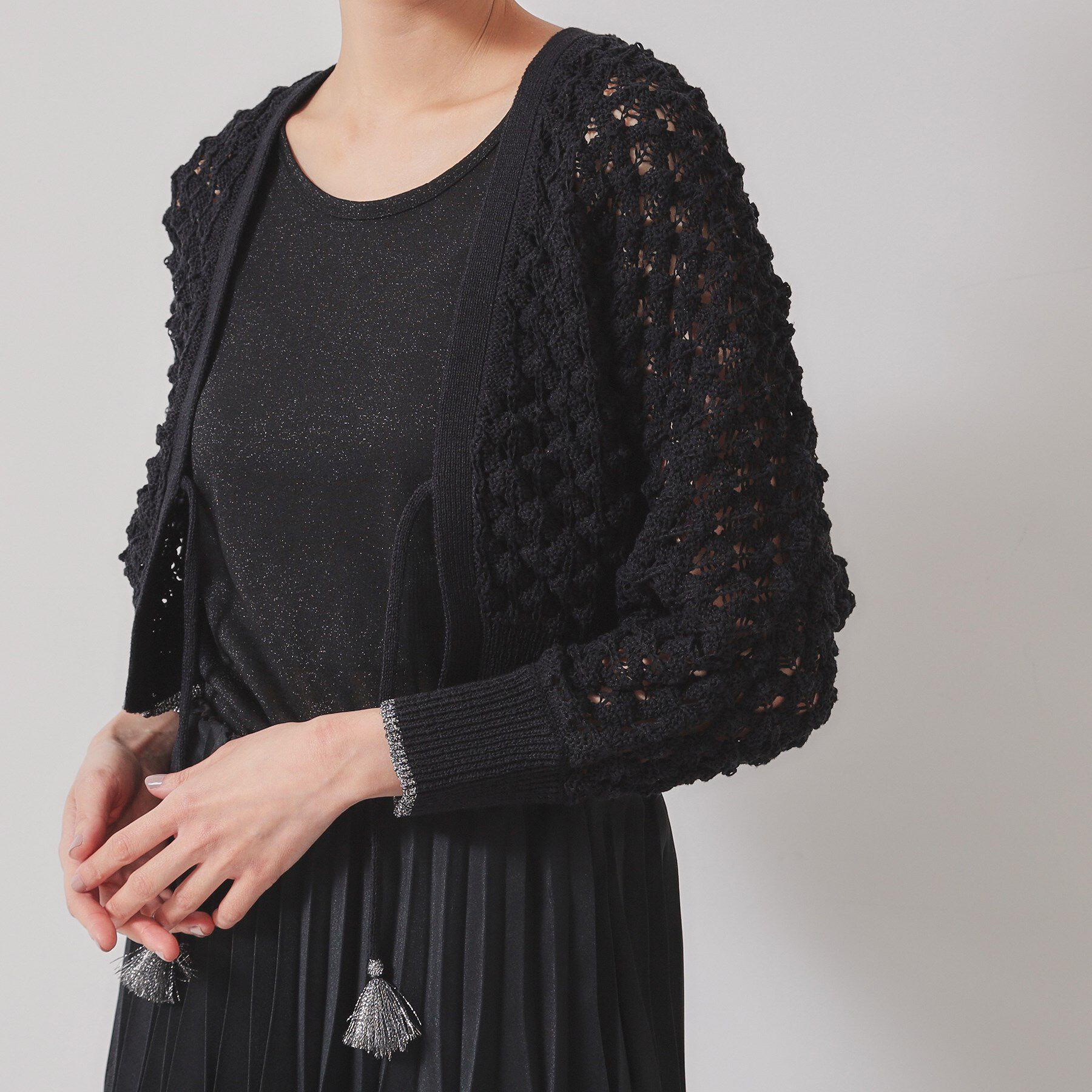 SunaUna「【透かし編み／ラメ入り】ドルマンスリーブボレロ」|カーディガン|