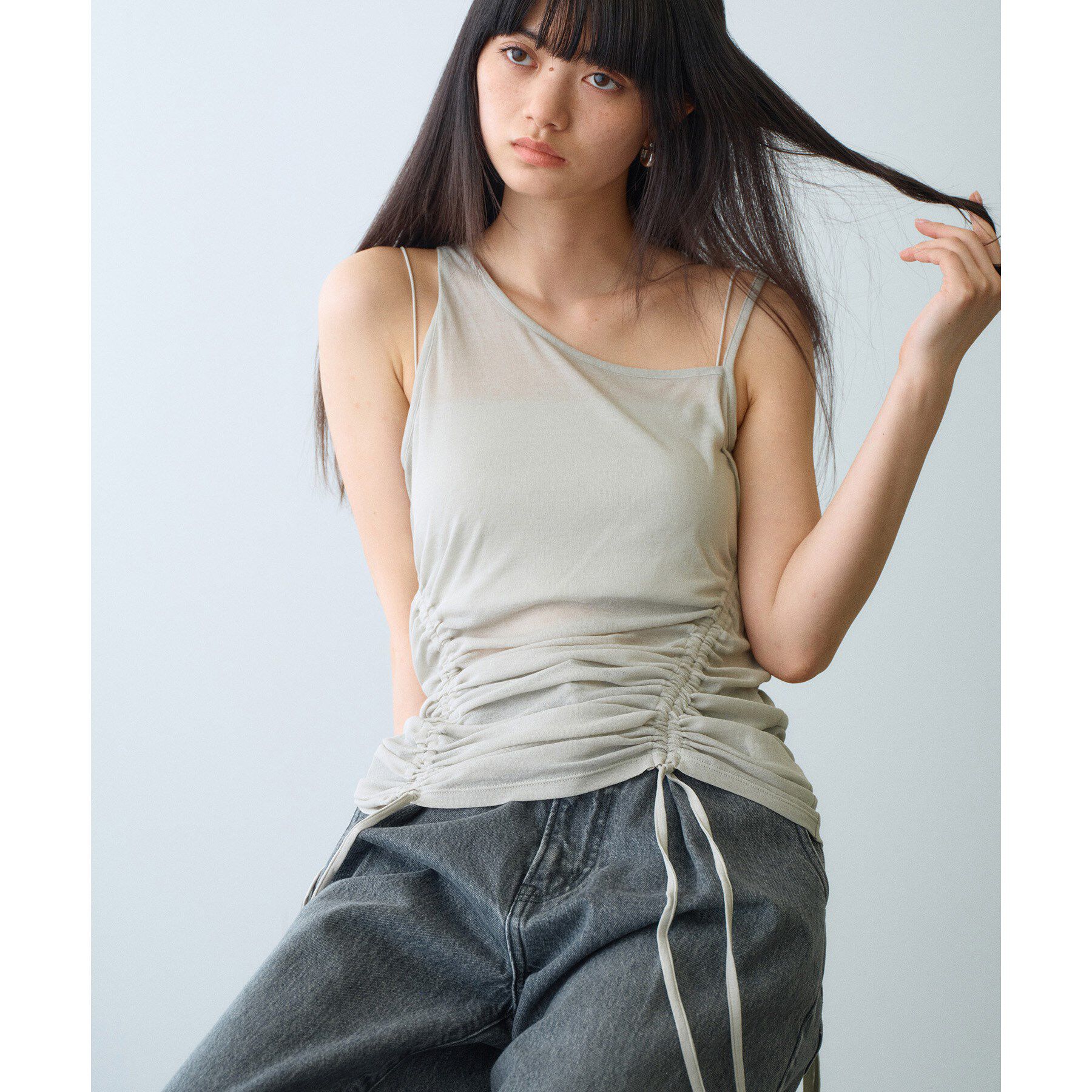 CODE A「asymmetry gather tank」|キャミソール|ライトグリーン(02