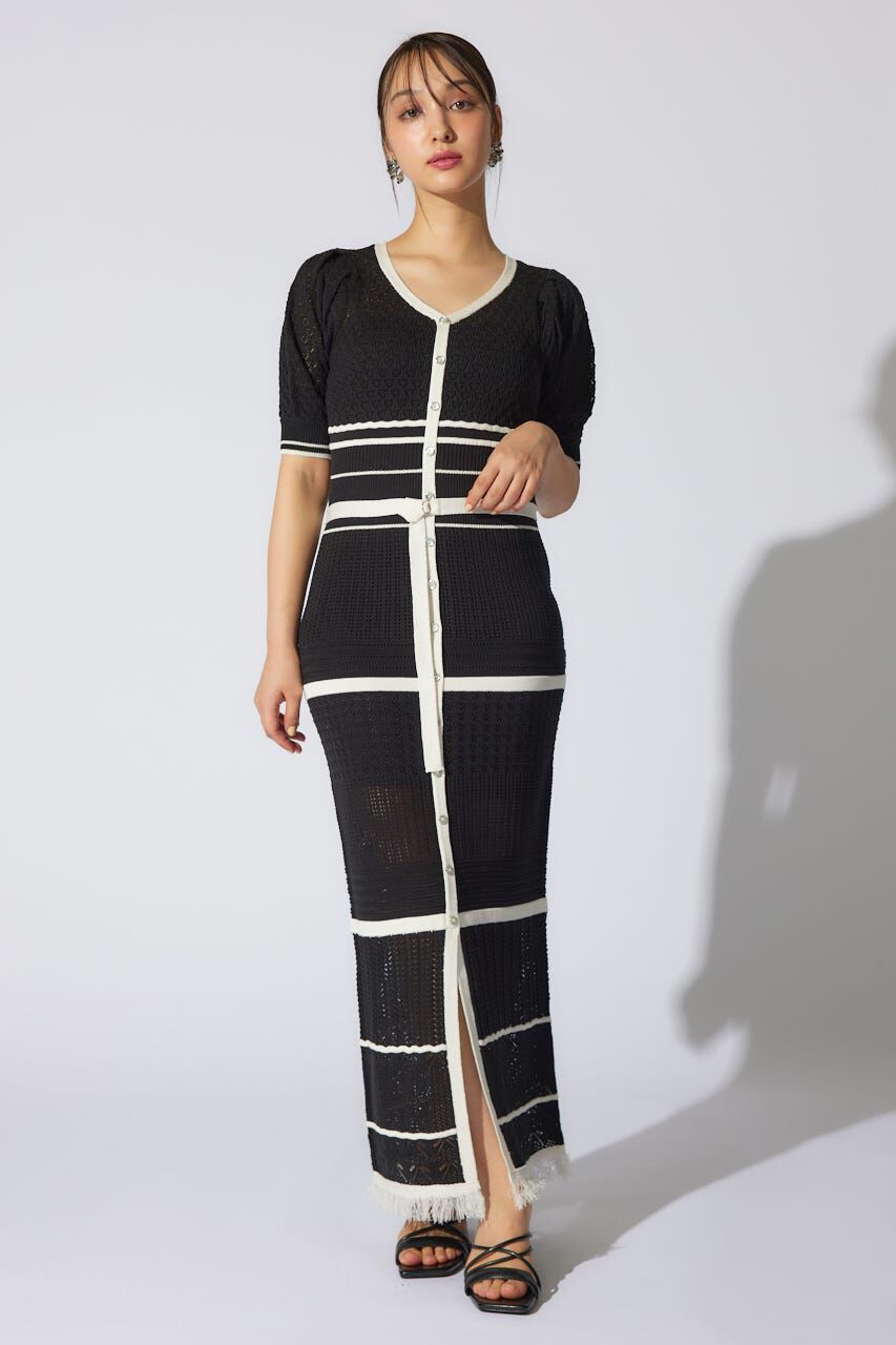 rienda「2WAYフリンジライン配色クロシェニットワンピース」|ワンピース|