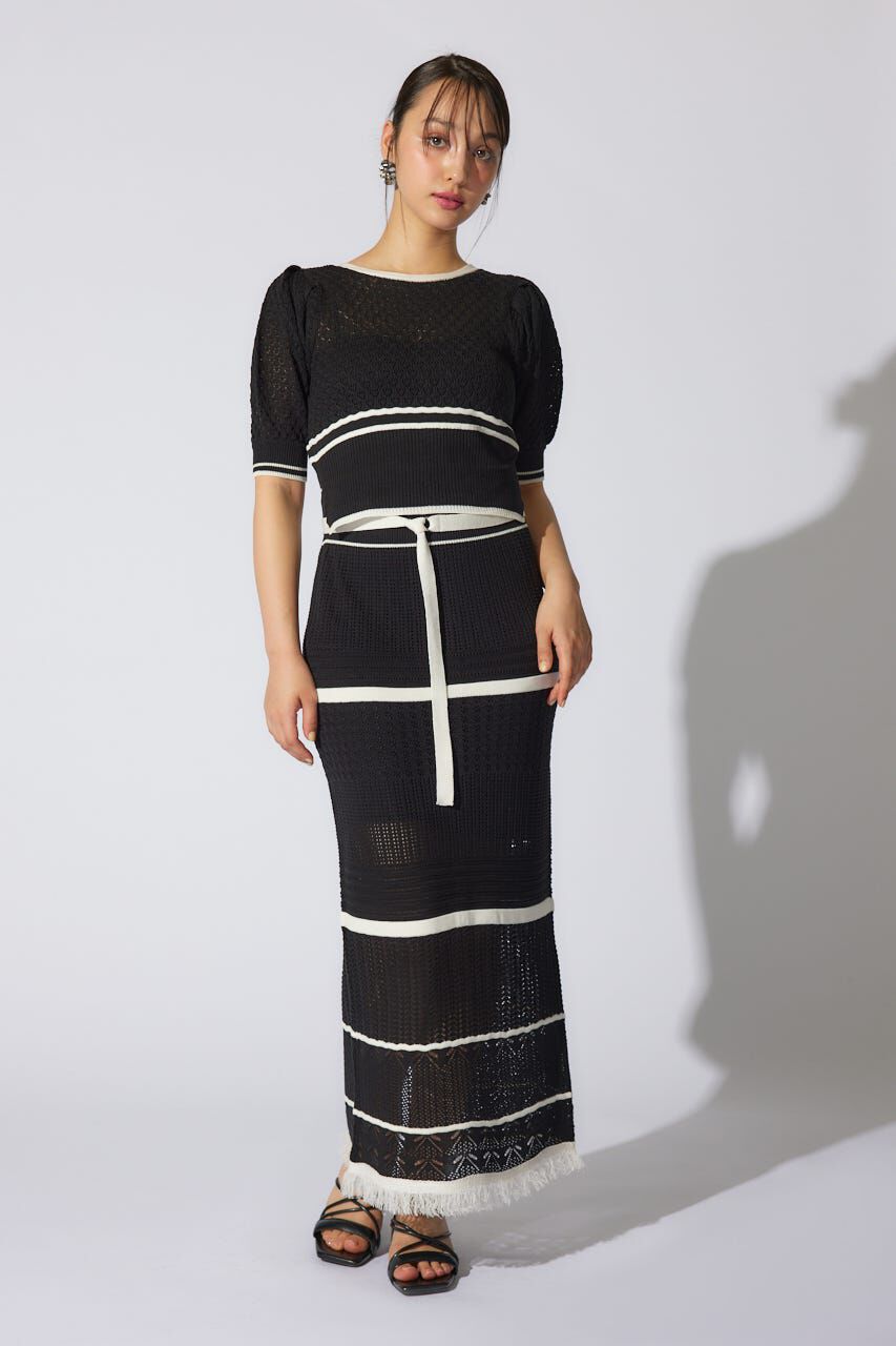 rienda「2WAYフリンジライン配色クロシェニットワンピース」|ワンピース|