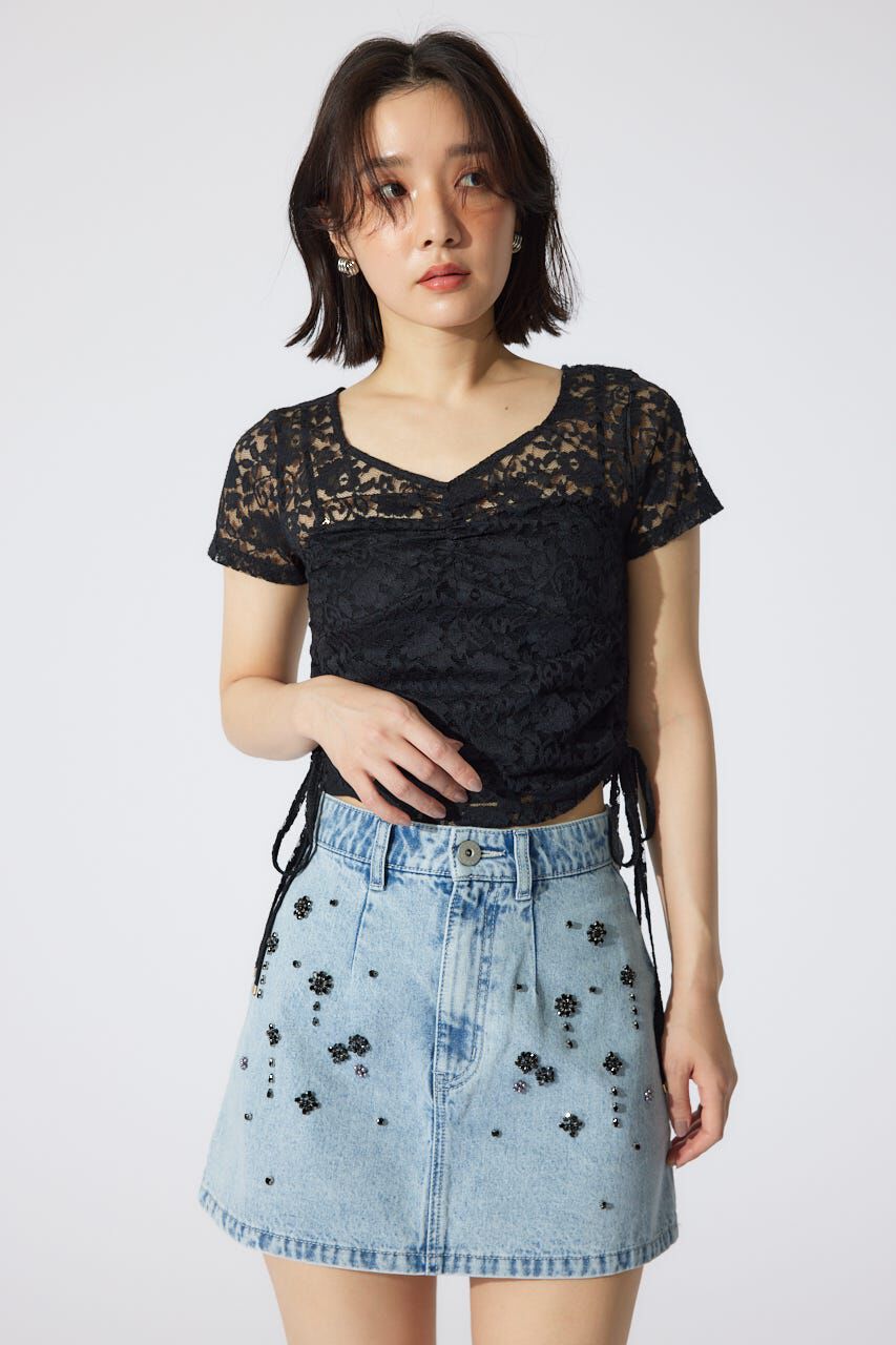 rienda「バストギャザーデザインレースカットトップス」|Tシャツ・カットソー|