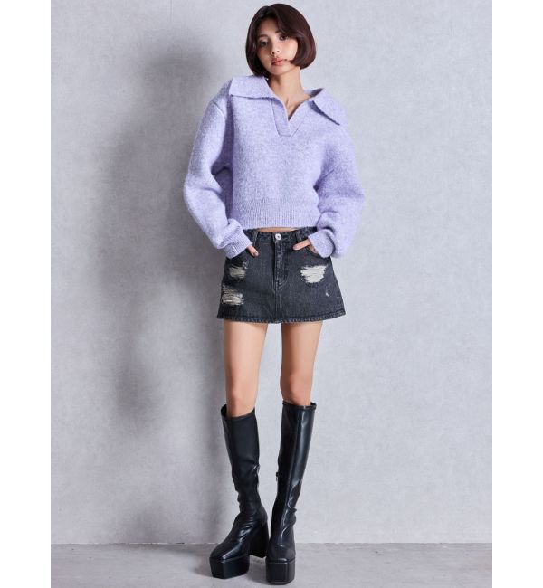 GYDA「ハイウエストダメージスカートライクデニムショートパンツ」|スカート|