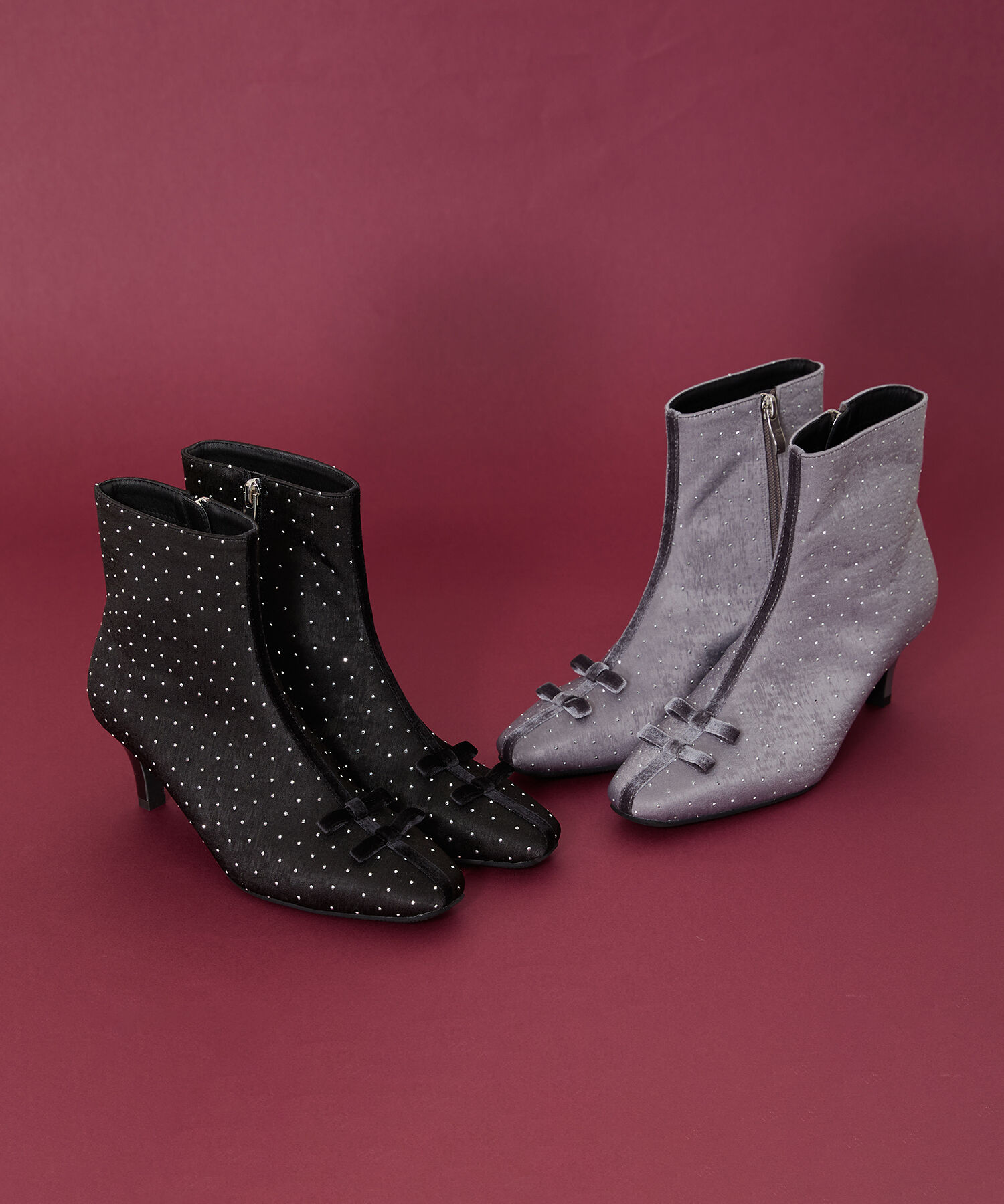 ORiental TRaffic「リボンモチーフラインストーンヒールブーツ/41436」|ショートブーツ|BLACK