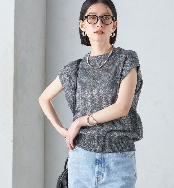 SHIPS for women「〈手洗い可能〉ラメ混 ペーパー 編地 コンビ プルオーバー ◇」|ニット・セーター|ダークグレー