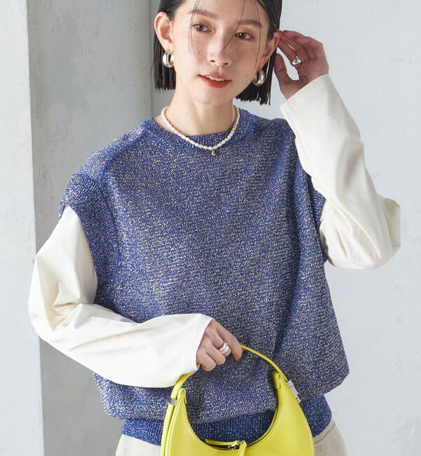 SHIPS for women「〈手洗い可能〉ラメ混 ペーパー 編地 コンビ プルオーバー ◇」|ニット・セーター|ブルー