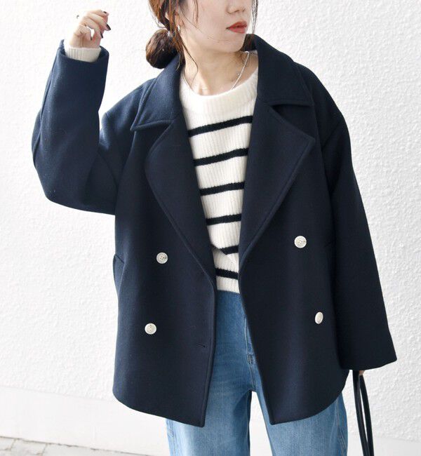 SHIPS any「SHIPS any: ウール ミックス コクーン ショート Pコート」|その他|ネイビー