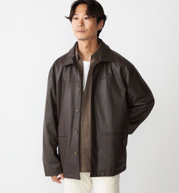 SHIPS「BENCH MARKING SHIRT: 合成皮革 カーコート」|ブルゾン・スタジャン|ブラウン