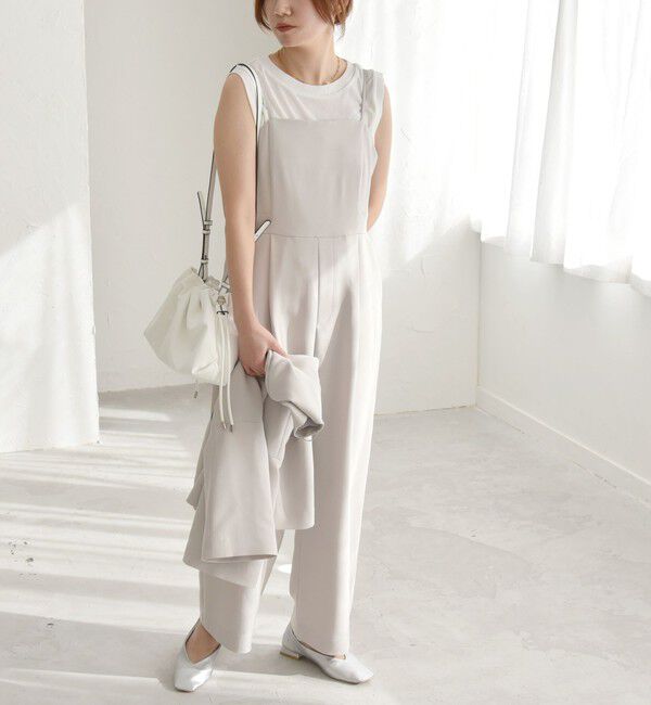 quaranciel「quaranciel:〈洗濯機可能〉ダブルクロス テーパード サロペット（セットアップ対応）」|オールインワン|ベージュ