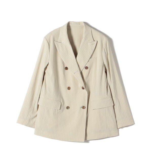 SHIPS for women「SHIPS Primary Navy Label:麻混 ストライプ ストレッチ ダブル ジャケット」|テーラードジャケット|ベージュ