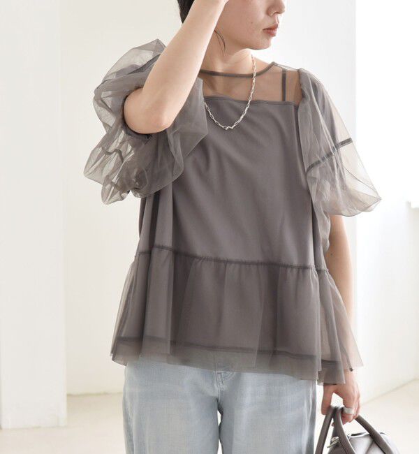 quaranciel「quaranciel:〈手洗い可能〉チュール パフスリーブ ドッキング プルオーバー」|Tシャツ・カットソー|