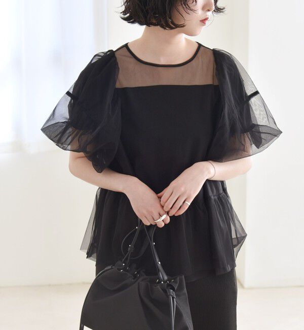 quaranciel「quaranciel:〈手洗い可能〉チュール パフスリーブ ドッキング プルオーバー」|Tシャツ・カットソー|