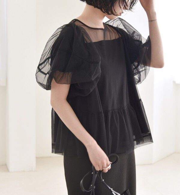 quaranciel「quaranciel:〈手洗い可能〉チュール パフスリーブ ドッキング プルオーバー」|Tシャツ・カットソー|
