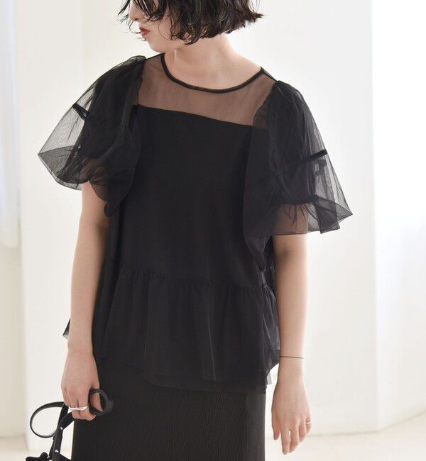 quaranciel「quaranciel:〈手洗い可能〉チュール パフスリーブ ドッキング プルオーバー」|Tシャツ・カットソー|