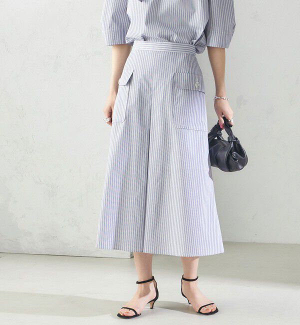 SHIPS for women「〈手洗い可能〉ストライプ フロント ポケット フレア スカート」|スカート|ブルー系