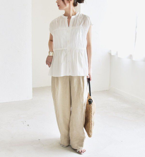 quaranciel「quaranciel:〈手洗い可能〉コットンボイル シアー ギャザー バンドカラー シャツ ブラウス」|シャツ・ブラウス|