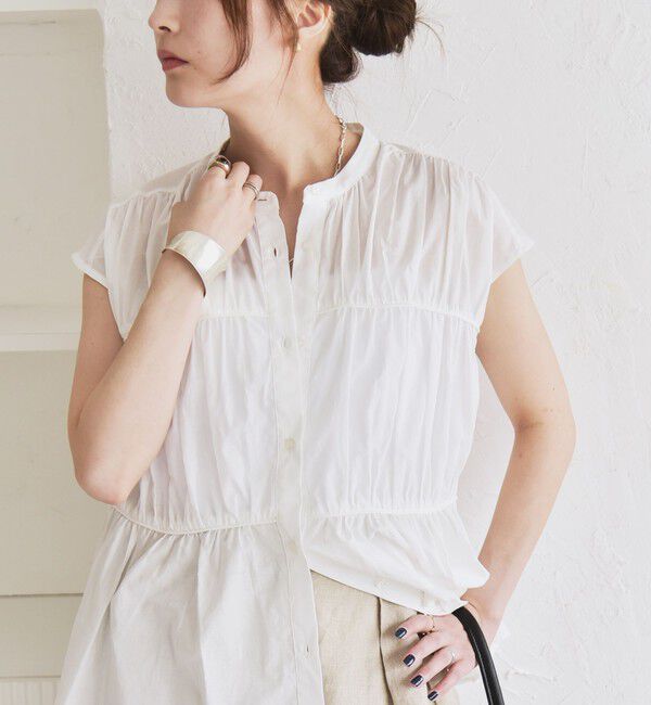 quaranciel「quaranciel:〈手洗い可能〉コットンボイル シアー ギャザー バンドカラー シャツ ブラウス」|シャツ・ブラウス|
