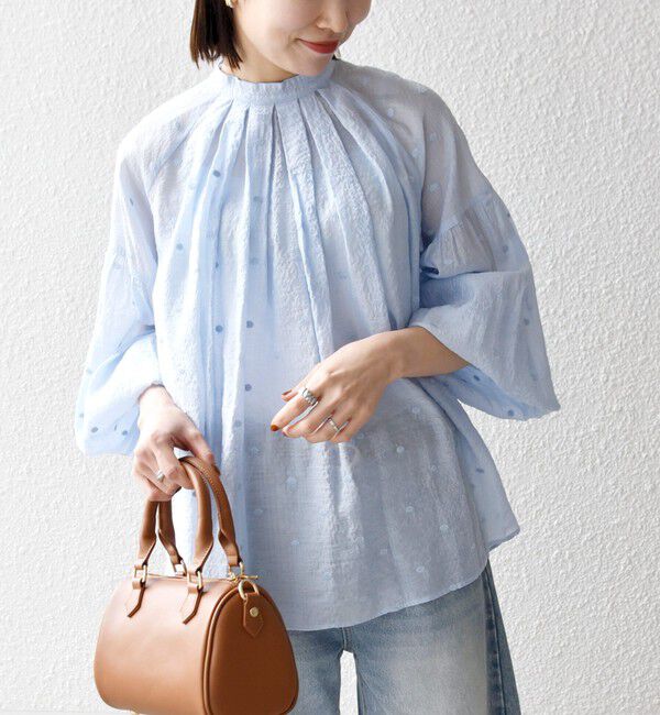 SHIPS any「【WEB限定】SHIPS any:〈手洗い可能〉シアー ドット スタンドカラー パフ ギャザー ブラウス」|シャツ・ブラウス|