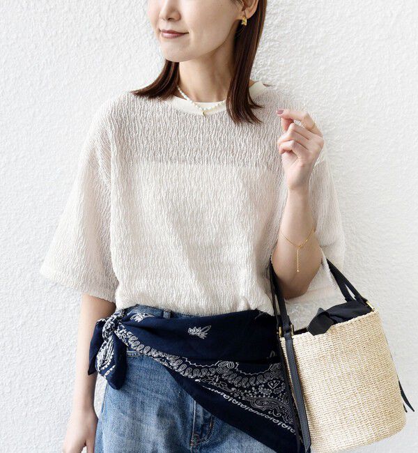 SHIPS for women「〈手洗い可能〉ランダム ブルーゼ 5分袖 プルオーバー」|Tシャツ・カットソー|ナチュラル