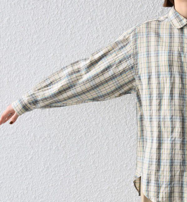SHIPS any「SHIPS any:〈洗濯機可能〉リネン ミックス レギュラーカラー ルーズ 刺繍 シャツ（チェック）」|シャツ・ブラウス|