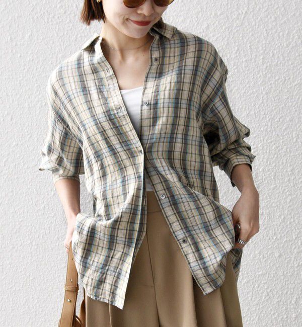 SHIPS any「SHIPS any:〈洗濯機可能〉リネン ミックス レギュラーカラー ルーズ 刺繍 シャツ（チェック）」|シャツ・ブラウス|