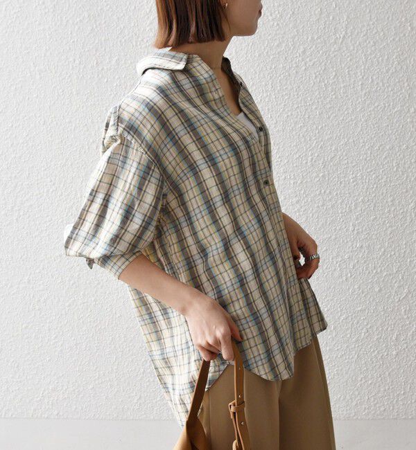 SHIPS any「SHIPS any:〈洗濯機可能〉リネン ミックス レギュラーカラー ルーズ 刺繍 シャツ（チェック）」|シャツ・ブラウス|