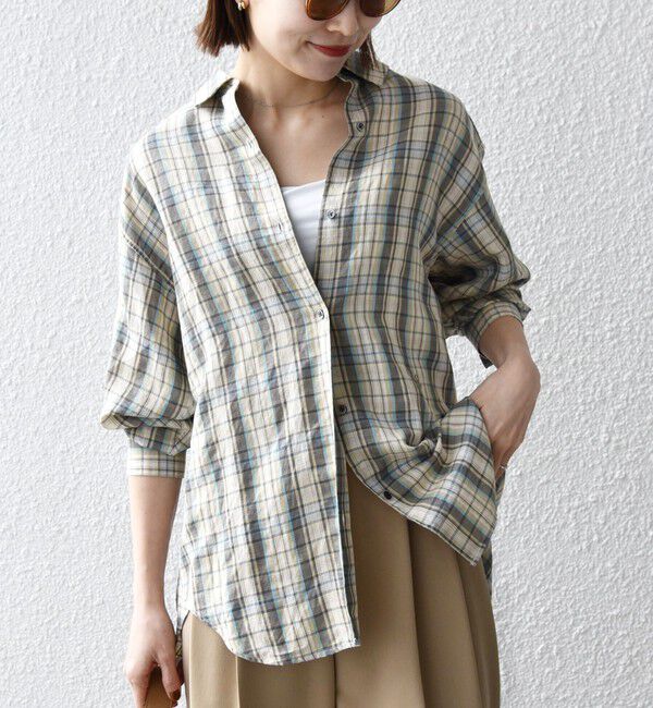 SHIPS any「SHIPS any:〈洗濯機可能〉リネン ミックス レギュラーカラー ルーズ 刺繍 シャツ（チェック）」|シャツ・ブラウス|