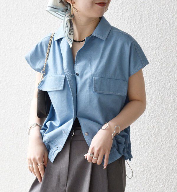 SHIPS any「《予約》SHIPS any:〈洗濯機可能〉シャンブレー デニム フレンチスリーブ ドロスト シャツ」|シャツ・ブラウス|