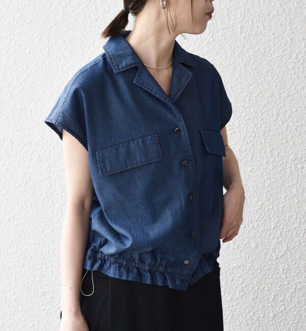 SHIPS any「《予約》SHIPS any:〈洗濯機可能〉シャンブレー デニム フレンチスリーブ ドロスト シャツ」|シャツ・ブラウス|