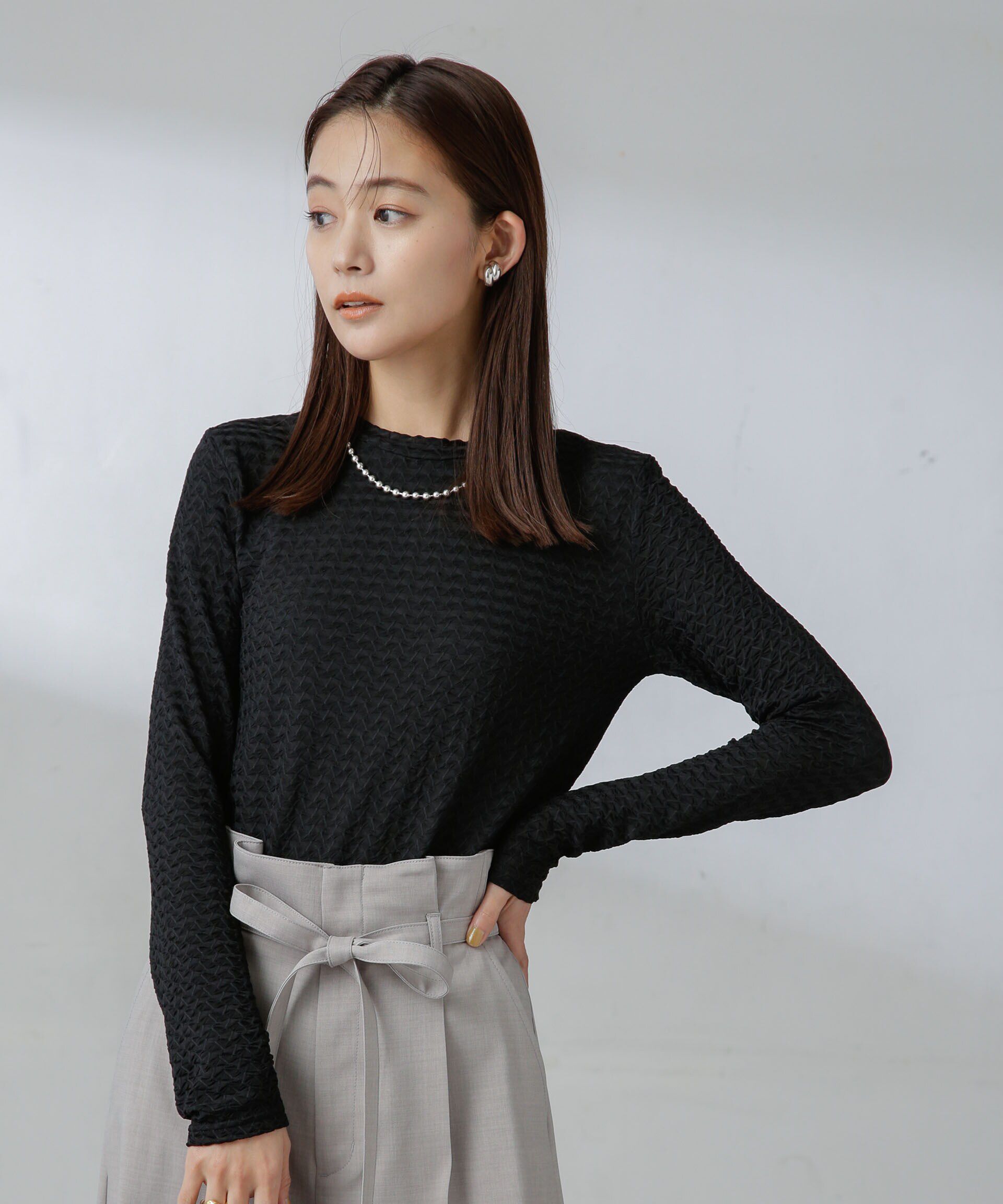 nano･universe「前後2wayシャーリングカットトップス」|Tシャツ・カットソー|ブラック