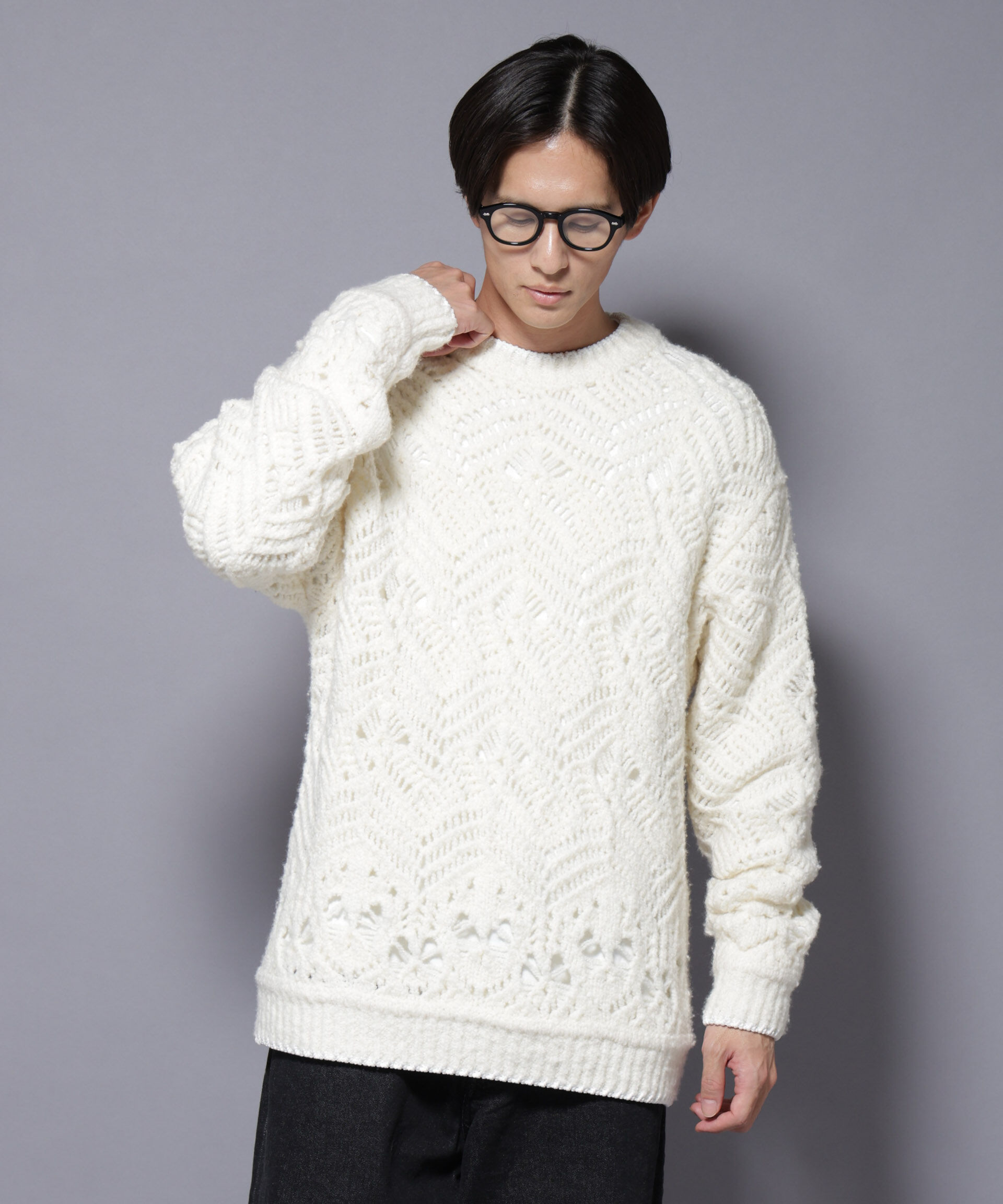 nano･universe「透かし編み クルーネックニット」|ニット・セーター|ホワイト