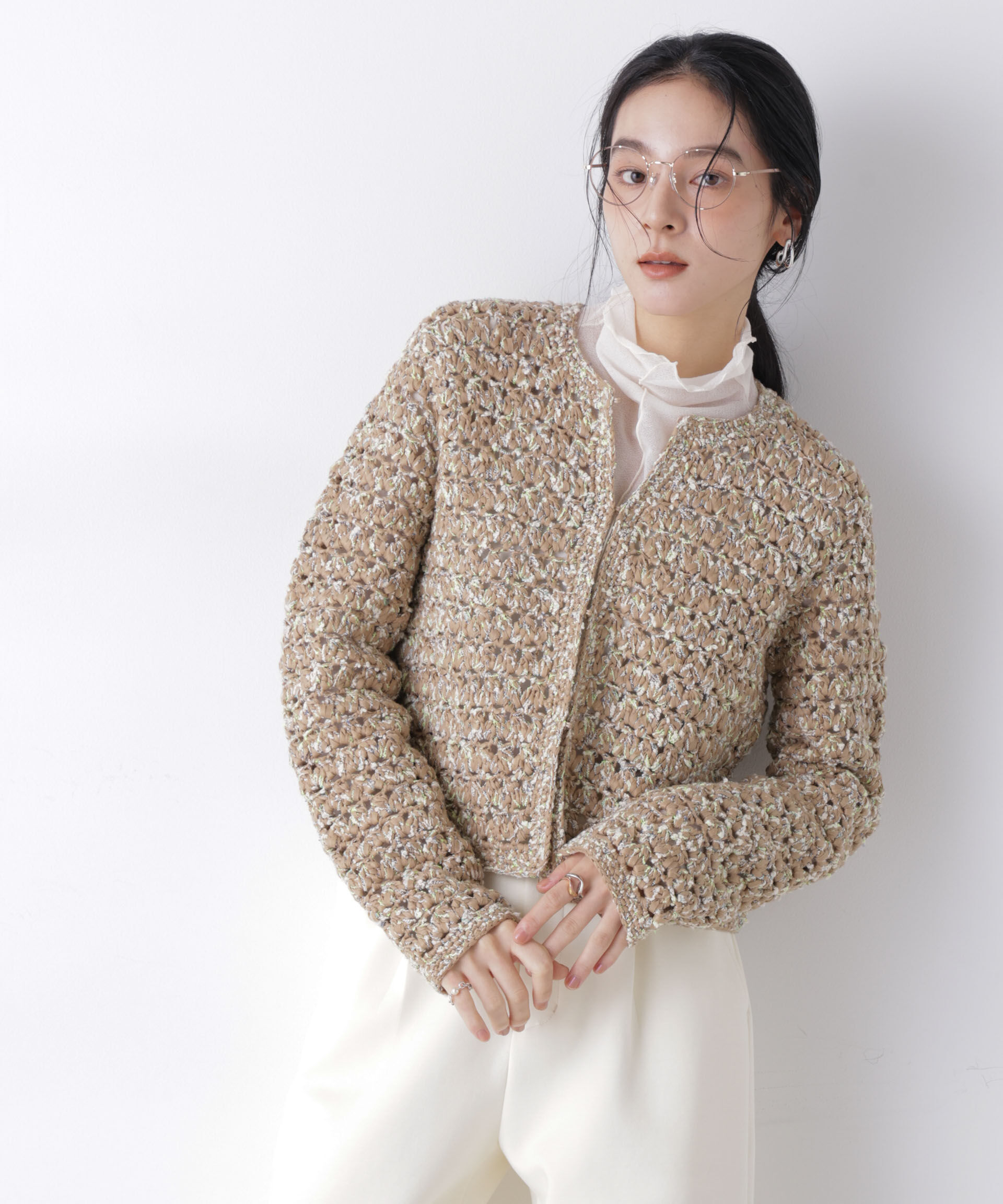 nano･universe「ミックスヤーンクロシェカーディガン」|ニット・セーター|